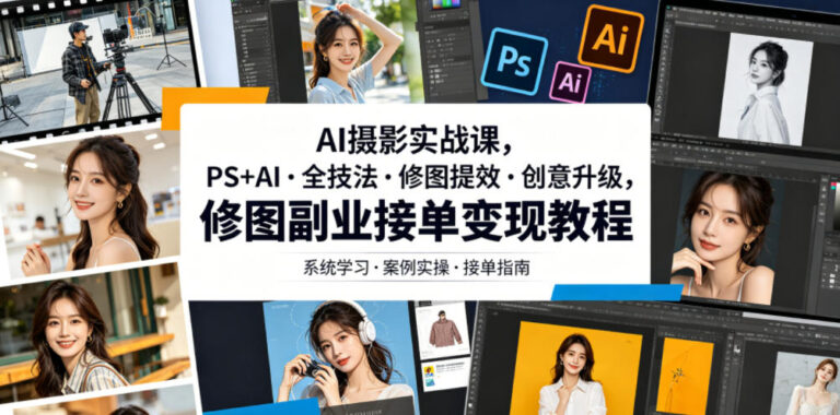 AI摄影实战课，PS+AI全技法修图提效创意升级，修图副业接单变现教程