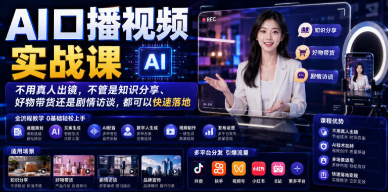 AI口播视频实战课，不用真人出镜，知识分享、好物带货剧情访谈